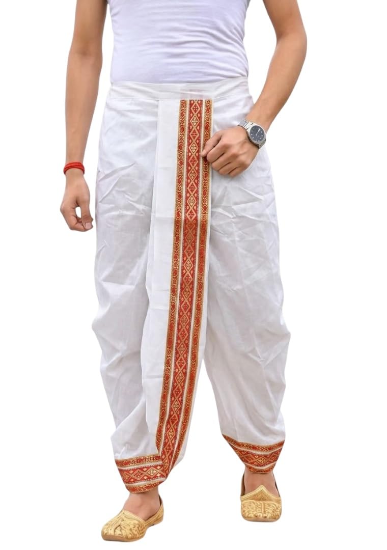 Men's Art Silk Dhoti for Men with Golden Zari Border | Traditional Silk Veshti | Wedding Dhoti | Puja | Festival Ethnic Wear | Traditional Pancha | Blue White Red Maroon Yellow-picture-38