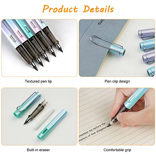 Image of AUAUY 5Pcs Everlasting Pencil, Infinity Pencil With Eraser And Replacement Nibs, Reusable Inkless Pencil For Writing, Drawing, Students Home Office School Supplies(Gradient), Ink black