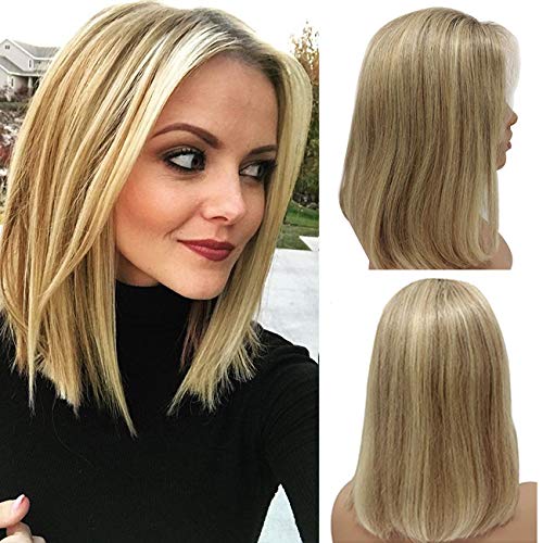 Brown Root Blonde Ombre Lace Wig Pre Plucked Human Hair Bleached Knots with Baby Hair 180% Density Middle Part Brazilian Straight 13×4 Lace Front Mixed Color Lace Bob Wig for Women(#4T12/613,16")