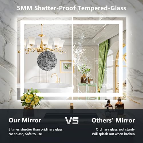 Image of 50x36 Inch LED Bathroom Mirror with Lights Front and Backlit Lighted Vanity Mirror for Bathroom Wall with 3 Colors Dimmable Anti-Fog Memory Shatter-Proof IP54 Waterproof Horizontal /Vertical