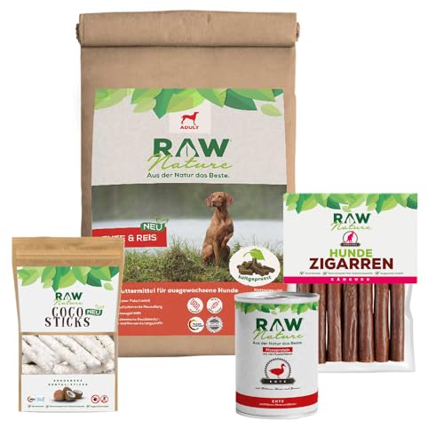 RAW Nature Trockenfutter Adult mit Ente 5kg, kaltgepresstes Hundefutter, Getreidefrei, 100% Muskelfleisch, hoher Fleischanteil, ohne künstliche Zusätze, für alle Rassen und Sensible Hunde geeignet