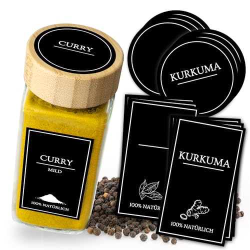 COMFORDER Gewürzetiketten selbstklebend 336 Gewürzaufkleber Set 168x rechteckig + 168x rund inkl. je 24x blanko + Marker (Schwarz)