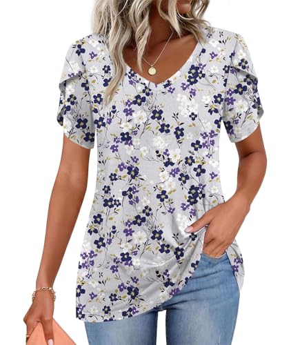 Image of CATHY 2026 Women Tops Summer Short Sleeve Tunic V Neck T-Shirts Loose Casual Floral Blouse S-4XL