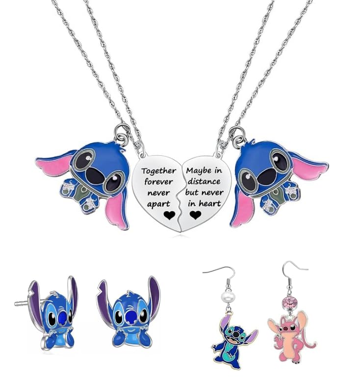 Guidre 4 pcs Cartoon Anhänger Halskette für Frauen Mode Niedlich Ohana significa familia,Pendientes Ohana de dibujos animados,regalos de joyería para niñas y mujeres