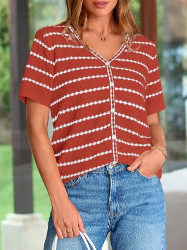 Image of NALANISA Women's Short Sleeve Sweater Spring Summer Crochet Knit Tops 2026 V Neck Striped Button Down Dressy Casual Blouses