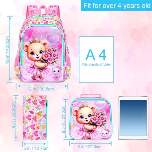 Image of CCJPX 16 inch Bear Backpack for Girls, 3Pcs Kids Bookbag with Lunch Box, Water Resistant Elementary School Bag for Kindergarten Preschool Toddler (Pink)