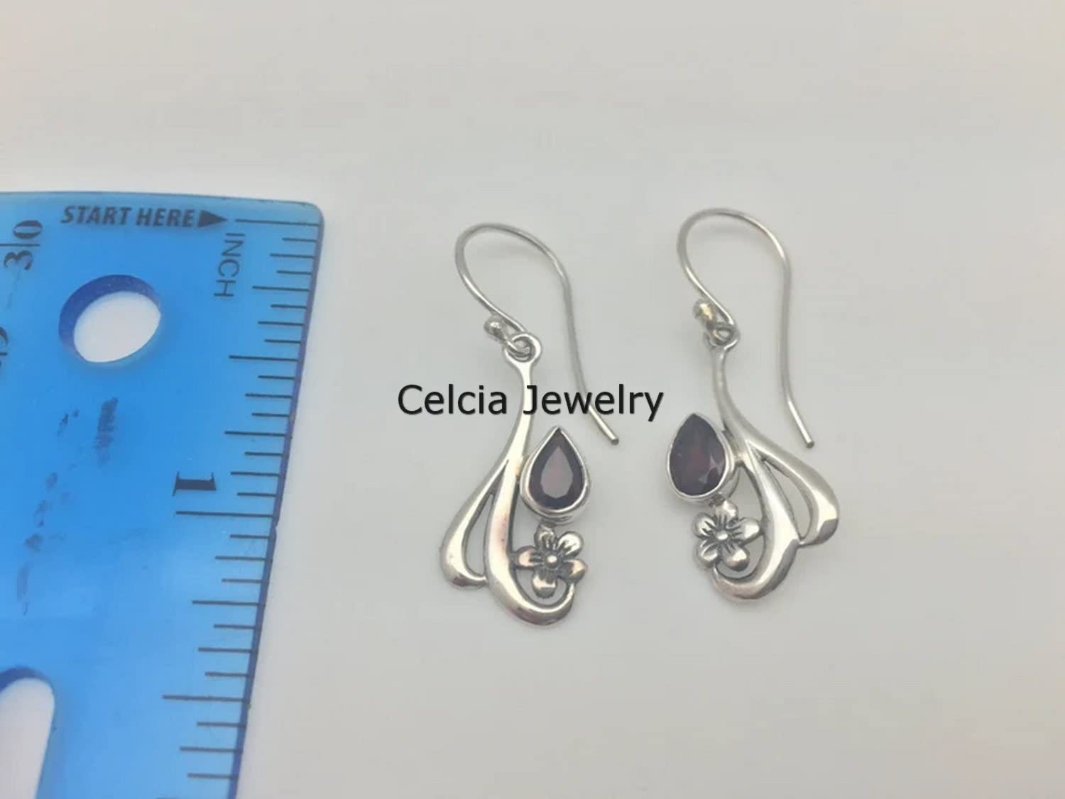 Pendientes colgantes de lágrima con flor de plata de ley 925 pura para mujer, pera, granate, piedra preciosa genuina, hechos a mano únicos, regalos de piedra natal de enero