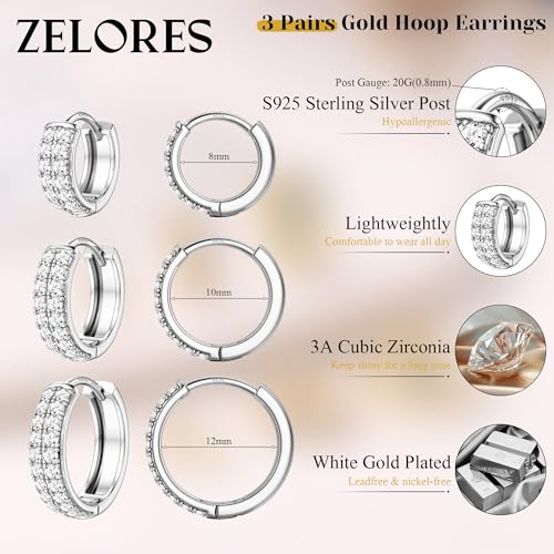 3 Pairs 14K Gold Plated Chunky Hoop Earrings for Women 925 Sterling Silver Post Small Cartilage Hoop Earring Stack Trendy CZ Thick Huggie Hoop Earrings Set4
