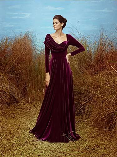 BONOYUER Long Sleeve Velvet Evening Dresses A-line Asymmetrical Neck Formal Wedding Guest Dress3