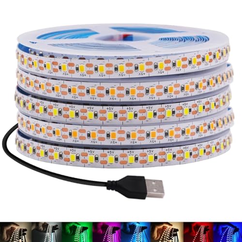 Vrabocry Tira de luces LED, 8 mm de ancho, CC 5 V, SMD 3528, blanco natural, 5 m, 600 LED, cable USB, retroiluminación de fondo de TV, escritorio, portátil, iluminación de cocina