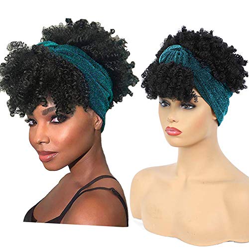 DAZLUTE High Afro Puff Headwrap Drawstring Ponytail with Bangs, Kinky Curly Pony Tail Synthetic Bun Wrap-wig 2 in 1 Updo Head-Wrap Hairpieces , Puff Ponytail Hair Extensions for Women(BLACK)