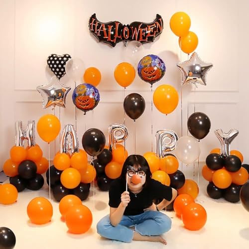 Image of AMFIN (Pack of 50) Halloween Party Balloons | Orange, Black Latex Balloons | Spooky Party Decorations for Birthday, Halloween, Events & Celebrations