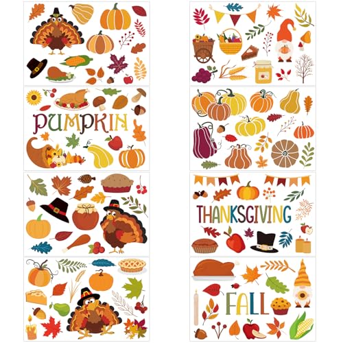 Adecortalk 8 Sheet Fall Decorations Fall Window Clings Stickers Pumpkins Turkeys Autumn Window Decals Thanksgiving Window Stickers for Harvest Party Glass Home Office Decor