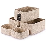 VIRETH HAUS 5-Pack Small Woven Rope Storage Baskets – 2 Sizes Organizer Bins for Closet, Shelf, Bookshelf, Nursery, Changing Table, Fabric Cube Boxes, Rectangular Shallow Bins for Bathroom, Toy & Home