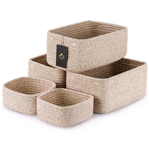 VIRETH HAUS 5-Pack Small Woven Rope Storage Baskets – 2 Sizes Organizer Bins for Closet, Shelf, Bookshelf, Nursery, Changing Table, Fabric Cube...