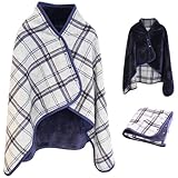 [北国のこたつ] ひざ掛け 肩掛け 毛布 大判 ブランケット 4way 着る毛布 ボタン付き あったか 防寒対策 静電気防止 洗える 通年使用 パネルヒーター相性 (グレーチェック 80X130cm) (ネイビーグレーチェック)