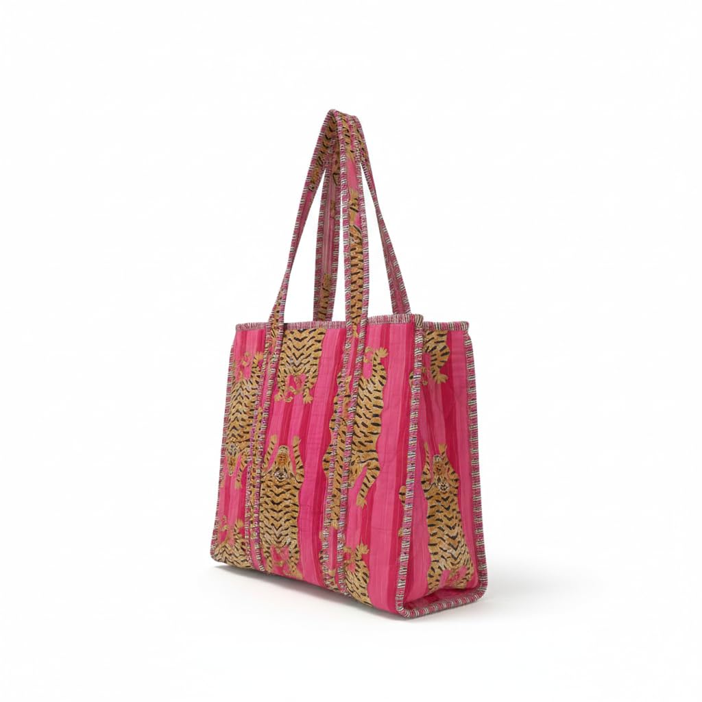 Handmade Quilted Cotton Tote Bag With Tiger Print-Ethnic Indian Kantha Shopper Bag, Eco-friendly Resusable Shoulder Bag for Women