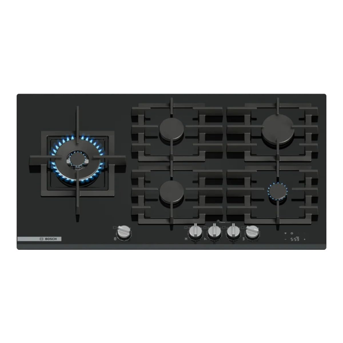Bosch PRS9A6H40 Serie 8 - Placa de gas de 90 cm, 9 niveles FlameSelect, control táctil, soporte apto para lavavajillas, Smart Hood Automatic, Home Connect, apagado de gas de seguridad, cristal