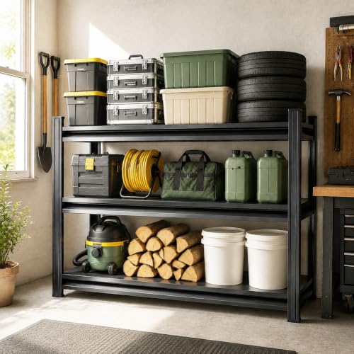 Image of Garage Shelving Heavy Duty Shelving Unit, 1200 LBS 3-Tier Adjustable Boltless Storage Rack, Organizer for Garage Warehouse Kitchen Basement Workshop Household Supplies, 31.5 inchH x 35.4 inchW x 13.8 inchD, Black