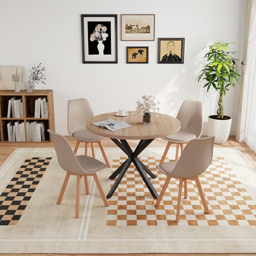 GrandCA HOME - Juego de Comedor con 4 sillas, Mesa Redonda de Madera de 100 x 100 x 75 cm, 4 sillas de Respaldo Alto, Patas de Madera de Haya (marrón Claro y Caqui)