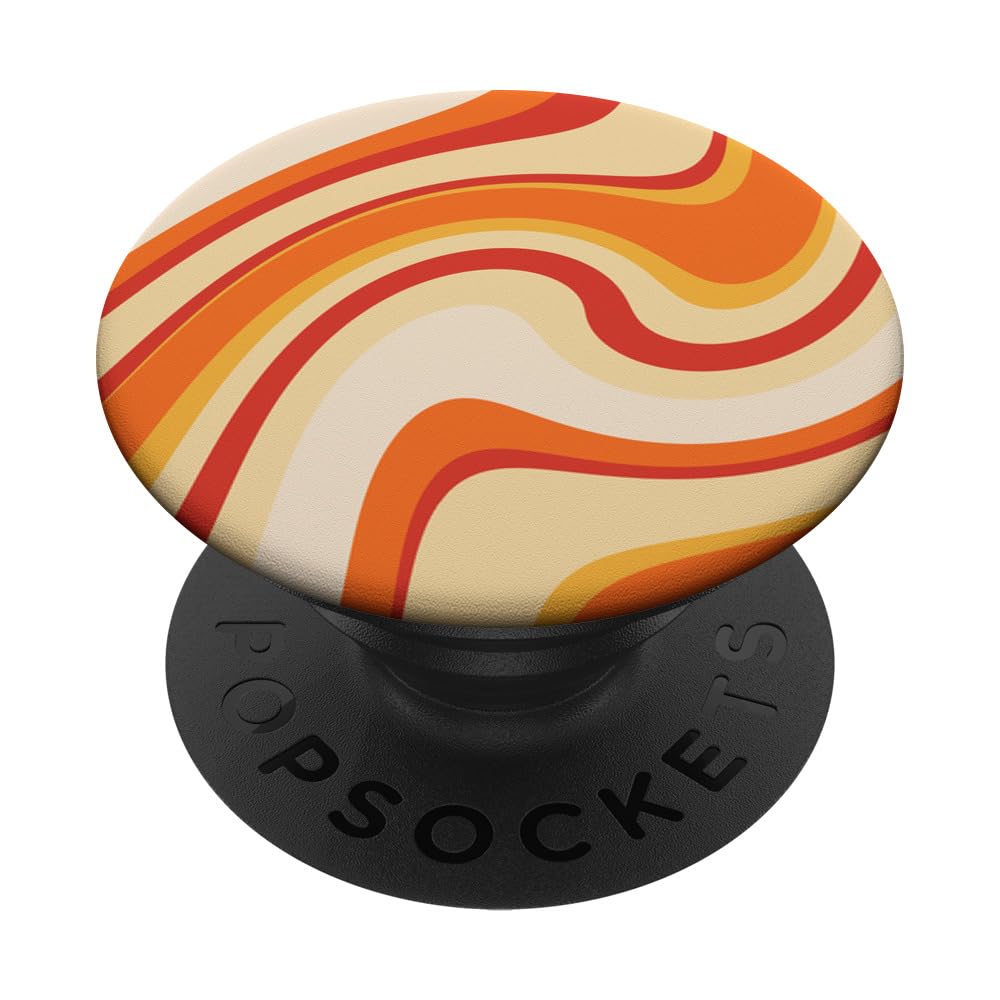 Orange Wavy Stripes, Hippie Aesthetic, 70s Retro, Cool PopSockets Swappable PopGrip, Black