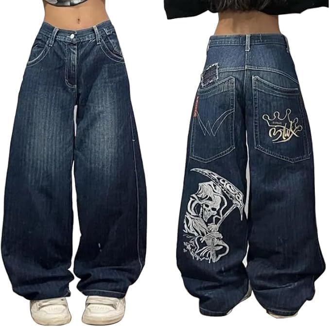 Gothic Wide Leg Jeans, Unisex High Waist Denim Pants with Skull Print, 90s Retro Streetwear Style3