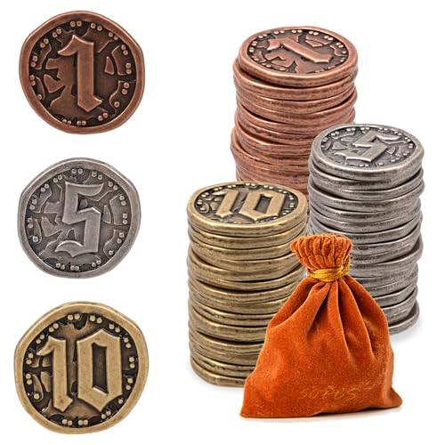 Prefdo 50 monedas de metal para juegos de mesa, fichas doradas y plateadas para póquer, RPG, juegos de mesa de estrategia, monedas de metal de fantasía, moneda de juego genérica resistente