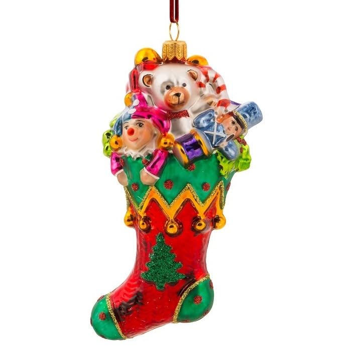 Adornos para árbol de Navidad de cristal soplado artesanalmente pintado a mano en Europa | Colgante para árbol de Navidad | Decoración para árbol de Navidad (calcetín con regalos 14 cm)