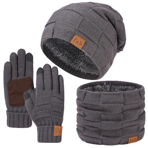 Yoolhamy Juego de gorro, bufanda y guantes para hombre y mujer, gorro de punto térmico de invierno con forro polar, gorro de cuello de nieve y guantes para pantalla táctil, guantes para hombres y