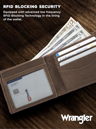 Wrangler Men's Wallet with AirTag Holder, Slim RFID Blocking, Genuine Leather, 11-22 Card Bifold3