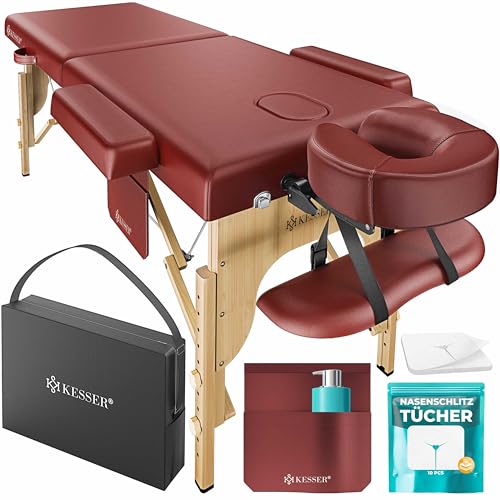 KESSER® Camilla de masaje móvil con pies de madera, plegable y regulable en altura, 2 zonas, mesa de masaje, mesa de masaje, tumbona ancha, reposacabezas y reposabrazos, incluye bolsa de transporte y