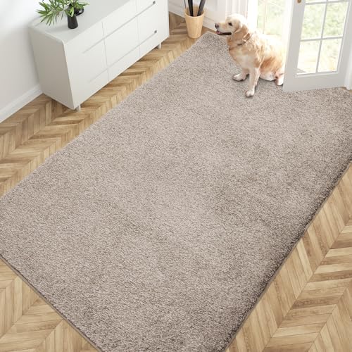 PURRUGS Easy Care Area Rug 4.5ft x 7ft, Non-Slip Washable Entryway Rug, Dog Door Mat, Stain Resistant Accent Rug for Hallway, Living Room, Bedroom and Mudroom, Taupe