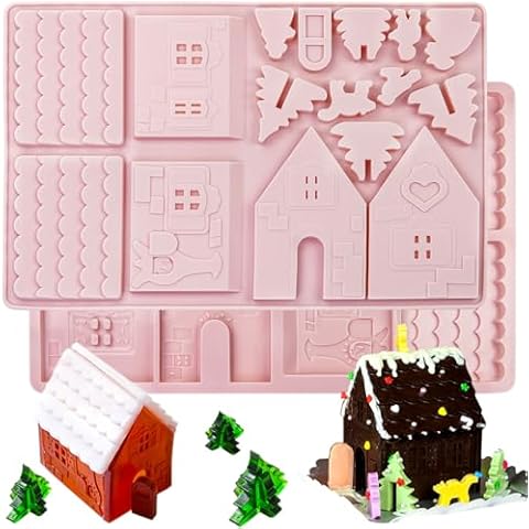 2 Pack Christmas Silicone Baking Mold,3D Christams Gingerbread House Mold Tray Christmas Chocolate Mold Christams Fondant Mold for Xmas Party Cupcake Topper Candy Cookies Polymer Clay Resin Craft Cover
