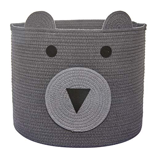 Bear Basket, Toy Storage Bin, Cotton Rope Basket, Woven Laundry Hamper, Cute Storage Basket for Kids Toys, Cloths in Bedroom, Nursery & Living Room, 16"(D) x 14"(H)