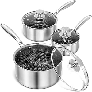 MICHELANGELO Stainless Steel Saucepan Set 1QT & 2QT & 3QT, Premium Triple Ply Sauce Pan with Lid, Sauce Pot with Honeycomb Interior – 6pcs