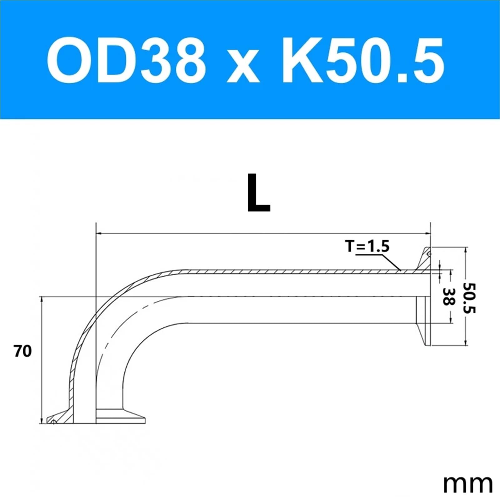 Codo de 90 Grados de Acero Inoxidable 304, Abrazadera Triple, extensión Larga, 25, 38 y 51 mm, Accesorio for tubería de 1", 1,25", 1,5" y 2"(OD38x50.5 L457mm)