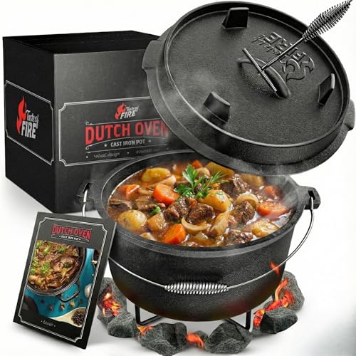 BBQ Dutch Oven [Das Original] - 10,8 Liter Dutch Oven Set mit Topfständer & 2,2 Liter Deckel mit Doppelfunktion zusätzlich als Grillpfanne nutzbar – inkl. Deckelheber und E-Book