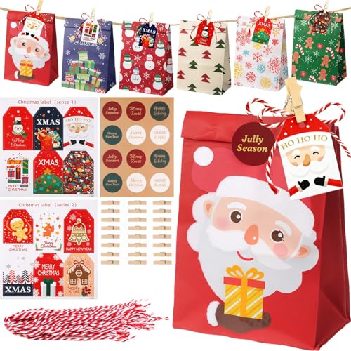 AUIFFER Geschenktüten Weihnachten 24 Tüten, Kraftpapier Weihnachtstüten Set, Papiertüten Mit Weihnachtsmotiven, Weihnachtsgeschenkbox, Adventskalender Zum Befüllen DIY Geschenkbeutel