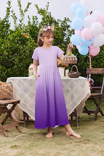 Image of Arshiner Girls Maxi Dress Long /Short Sleeve Casual Holiday Dress with Pockets for 5-13 Years