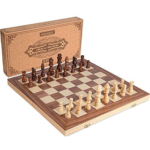 Amerous 15'' Wooden Chess & Checkers Set, 2 In 1 Board Games -2 Extra Queens - Folding Board - 24 Cherkers Pieces - Gift Box Packed - Chessmen Storage Slots, Beginner Chess Set For Kids And Adults #TOP6