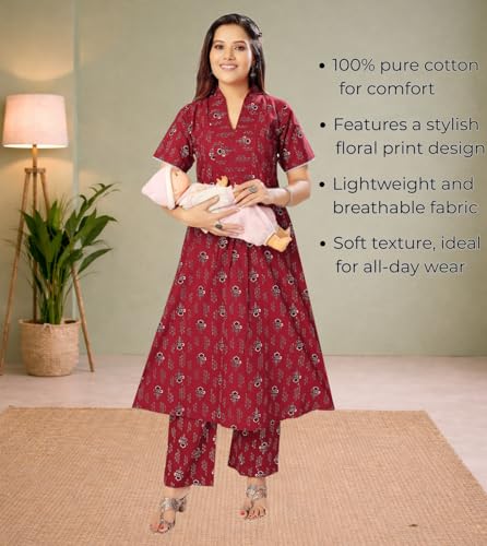 Image of Momenta Women's Pure Cotton Maternity Kurta Set | Feeding Kurti with Concealed Zippers | Maternity Dress for Pre & Post Pregnancy
