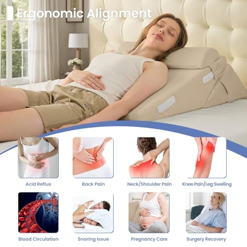Image of Sasttie Wedge Pillow Set for After Surgery, 2PCS Adjustable Bed Wedge Pillow Headboard with Memory Foam Neck Cushion - for Acid Reflux, Sleeping, Neck & Back Support, Beige