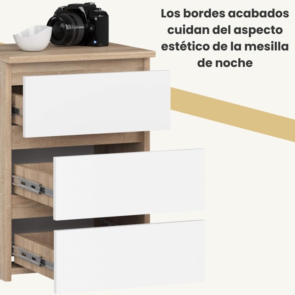 AKORD | Mesita de Noche CL-3 con 3 cajones | Sala de Estar, Dormitorio, Armario, Oficina y Estudio | Diseño Moderno y Funcional | 35 x 40 x 57 cm, 26 kg | Roble Sonona | Blanco