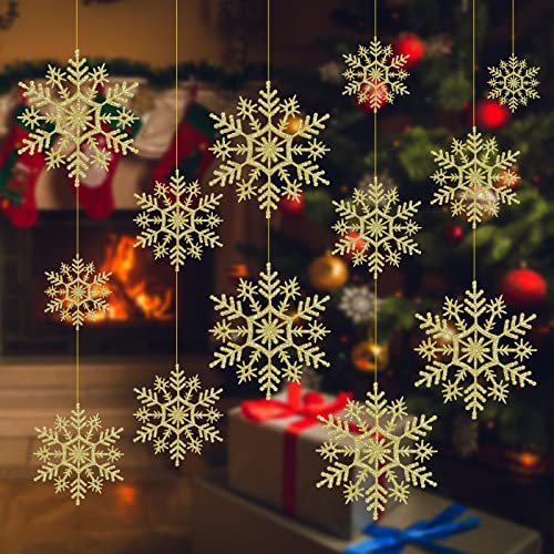 Kerstversiering Sneeuwvlokken Opknoping Kerstversiering Winter Glitter Sneeuwvlok Ornament met Touw voor Kerstfeest, Raamdeur Plafond Kerstboomdecoraties (Goud)