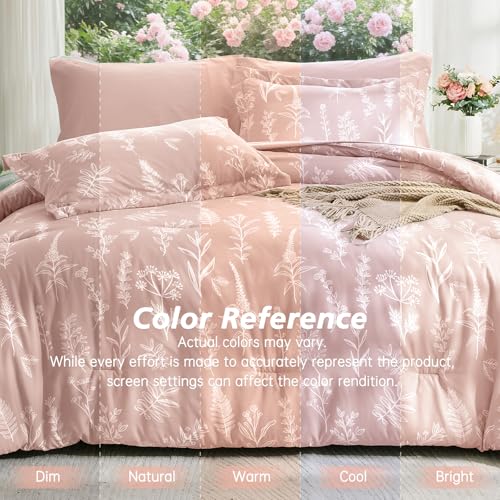 Image of MUXHOMO Cameo Pink Full Comforter Set, Elegant Floral Print Bed in a Bag 7 Pieces, Ultra Soft & Breathable Reversible Botanical Pattern Bedding Set with Comforter, Sheets, Pillowcases, and Shams
