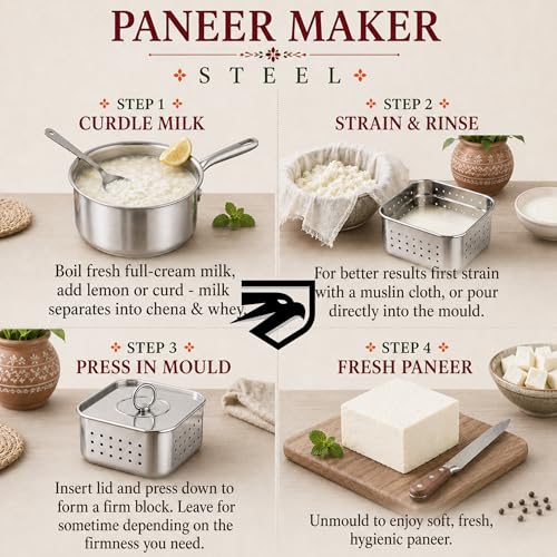 Image of Paneer Maker Steel - 12.5 x 12.5 x 4.5 cm | Paneer Maker Mould Press for Healthy Homemade Paneer, Tofu & Cheese | Rust-Free Durable & Easy to Clean (550 ML)