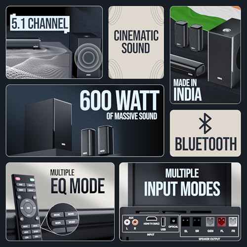 Image of Mivi Fort Hip-Hop 6000 Home Theatre [2025 Launch], 600 Watts Soundbar with cinematic sound, 5.1 Channel, Multiple EQ & Input Modes, BT v5.3, Remote Accessibility, Made in India Sound bar for TV