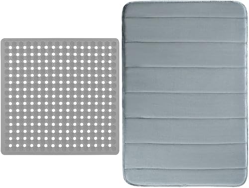 Gorilla Grip Alfombra de ducha y alfombra de baño de espuma viscoelástica a rayas, tamaño 21 x 21, tamaño de alfombra de baño 24 x 17, ambos en