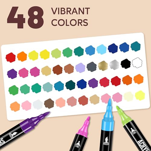 Image of Pagather 48 Colors Acrylic Paint Markers, Dual Tip with Fine Tip and Brush Tip Pens for Stone, Wood, Calligraphy, Canvas, Ceramic, Metal, Glass, Rock Painting, DIY Crafts Art Supplies Kit