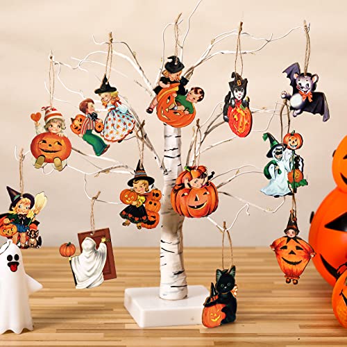 Image of Geelin 24 Pcs Vintage Halloween Wooden Ornaments | Pumpkin Witch Ghost Black Cat Wood Cutout, Retro Halloween Decorations, for Tree Home Mantel Wreath Party Decor